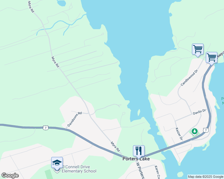 map of restaurants, bars, coffee shops, grocery stores, and more near 183 Myra Road in Porters Lake