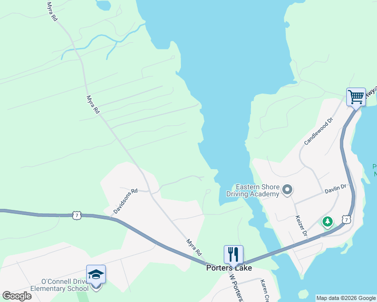 map of restaurants, bars, coffee shops, grocery stores, and more near 25 Covey Lane in Porters Lake