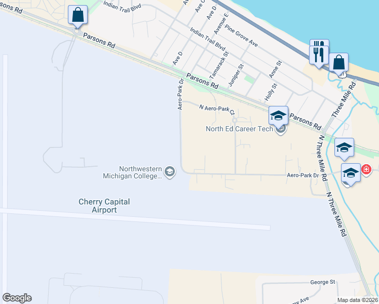 map of restaurants, bars, coffee shops, grocery stores, and more near 2525 Aero-Park Drive in Traverse City
