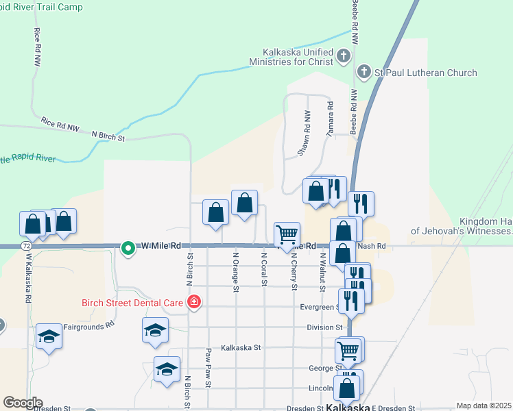 map of restaurants, bars, coffee shops, grocery stores, and more near 2129 West Estate Road in Kalkaska