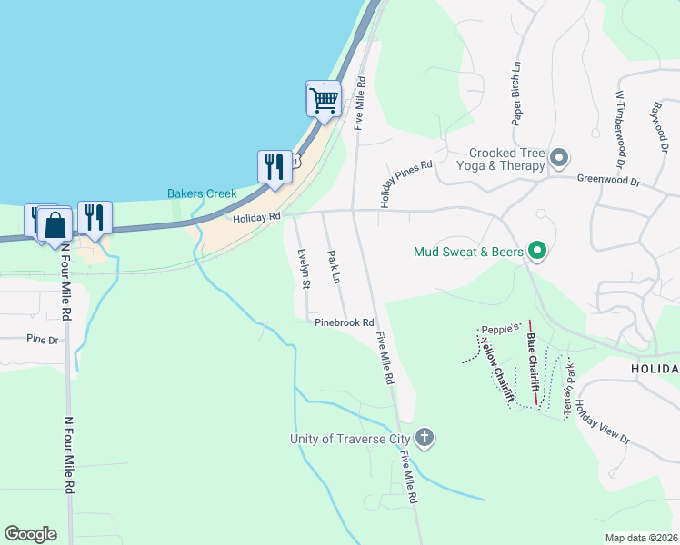 map of restaurants, bars, coffee shops, grocery stores, and more near 3998 Park Ln in Traverse City