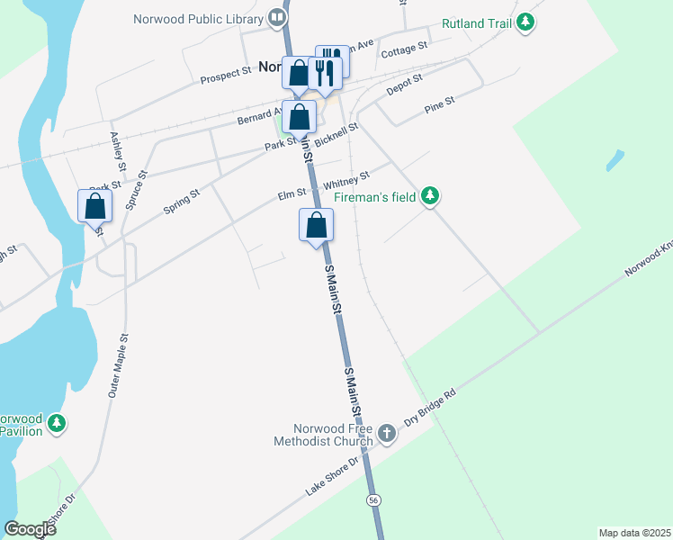 map of restaurants, bars, coffee shops, grocery stores, and more near 53 S Main St in Norwood