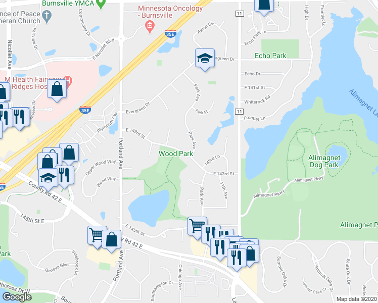 map of restaurants, bars, coffee shops, grocery stores, and more near 14230 Park Avenue in Burnsville