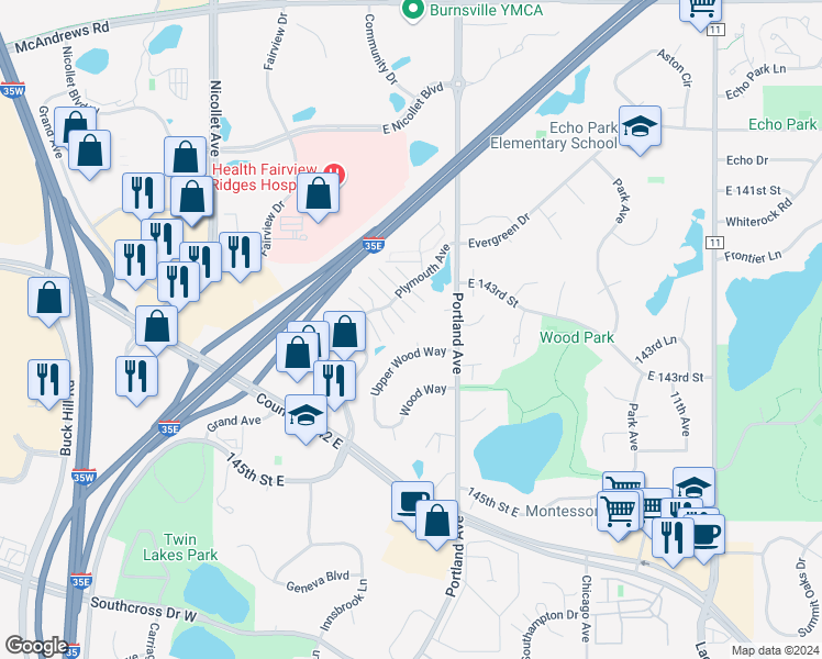 map of restaurants, bars, coffee shops, grocery stores, and more near 14101 Plymouth Avenue in Burnsville
