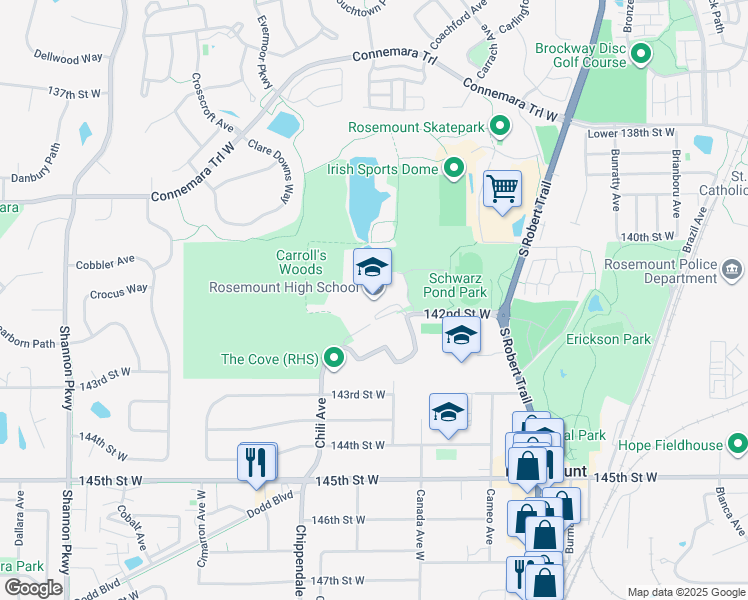 map of restaurants, bars, coffee shops, grocery stores, and more near 3335 142nd Street West in Rosemount