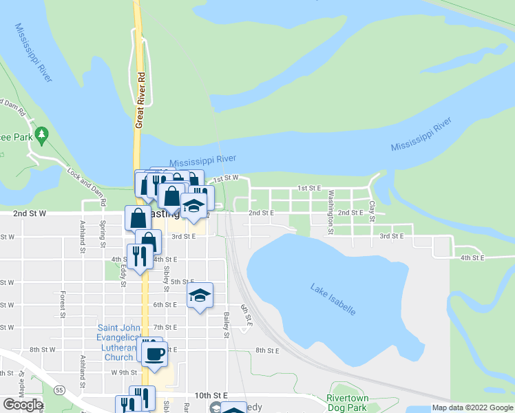 map of restaurants, bars, coffee shops, grocery stores, and more near 623 2nd Street East in Hastings