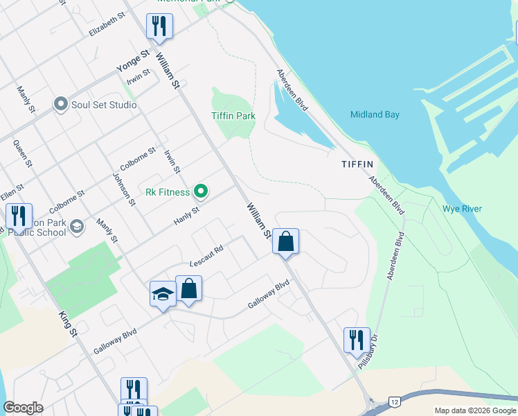 map of restaurants, bars, coffee shops, grocery stores, and more near 635 William Street in Midland