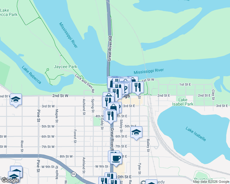 map of restaurants, bars, coffee shops, grocery stores, and more near 90 Vermillion Street in Hastings