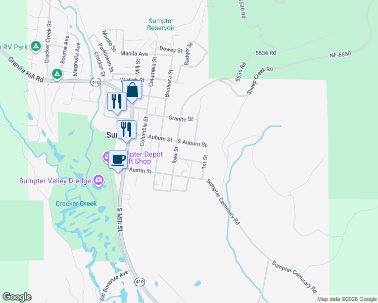 map of restaurants, bars, coffee shops, grocery stores, and more near East Auburn Street in Sumpter