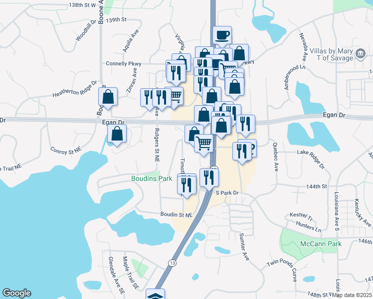 map of restaurants, bars, coffee shops, grocery stores, and more near 14111 Timothy Avenue Northeast in Prior Lake
