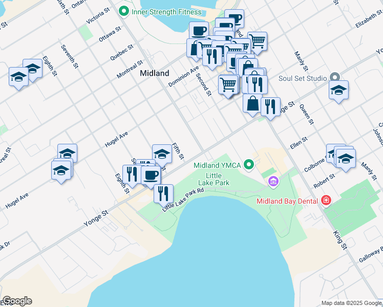 map of restaurants, bars, coffee shops, grocery stores, and more near in Midland