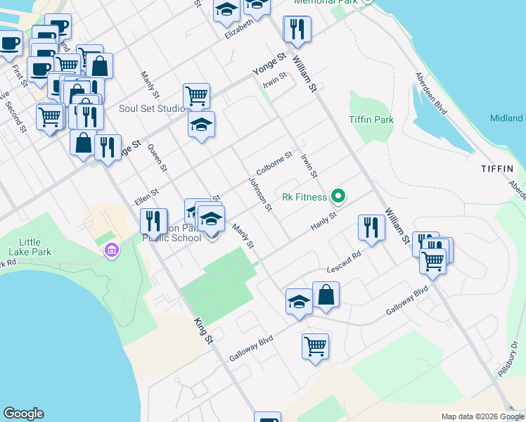 map of restaurants, bars, coffee shops, grocery stores, and more near in Midland