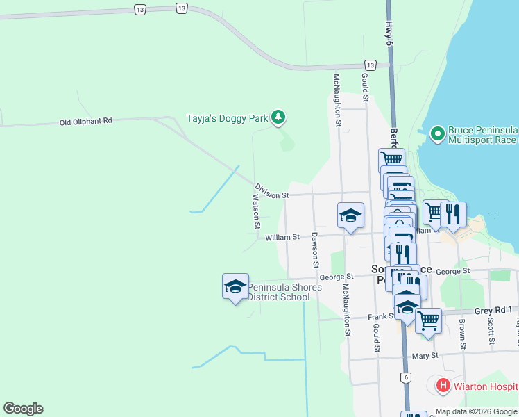 map of restaurants, bars, coffee shops, grocery stores, and more near 665 Watson Street in Wiarton