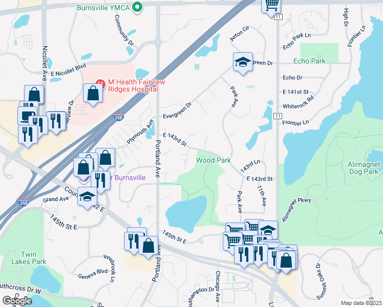 map of restaurants, bars, coffee shops, grocery stores, and more near 701 East 143rd Street in Burnsville