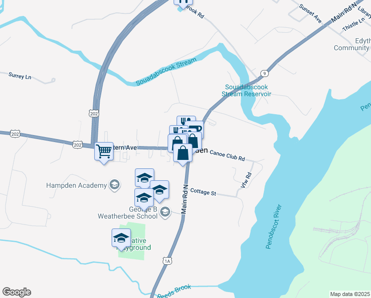 map of restaurants, bars, coffee shops, grocery stores, and more near in Hampden