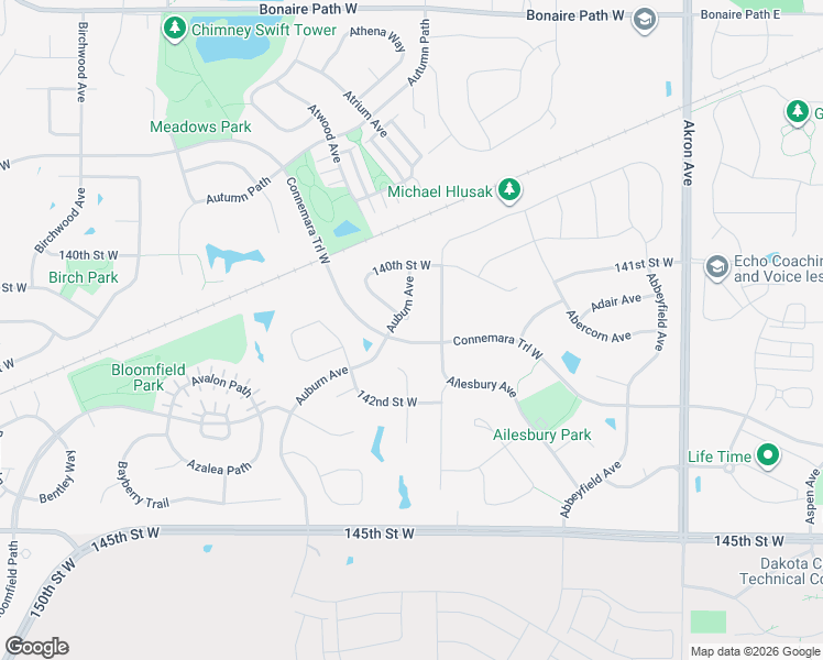 map of restaurants, bars, coffee shops, grocery stores, and more near 14060 Auburn Avenue in Rosemount