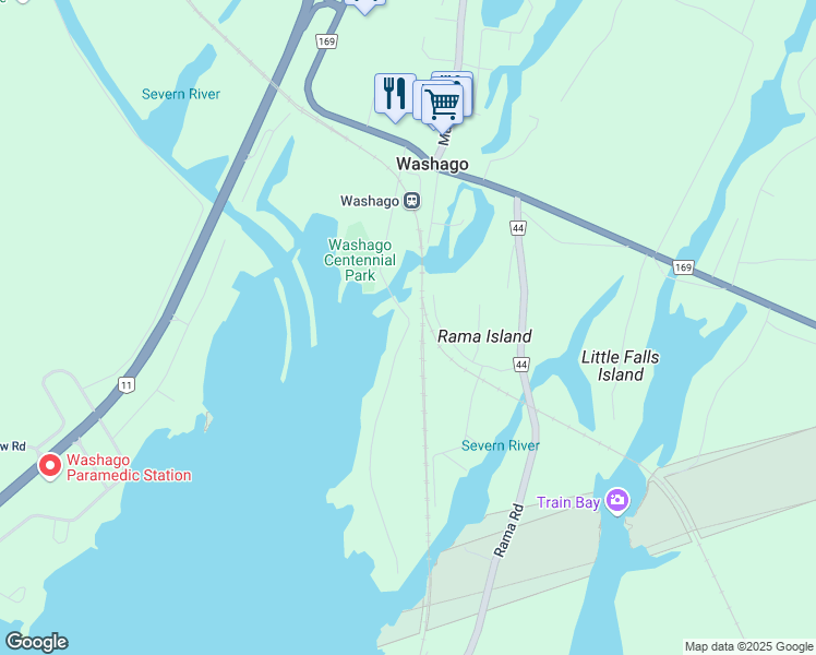 map of restaurants, bars, coffee shops, grocery stores, and more near 7751 Oak Point Road in Washago