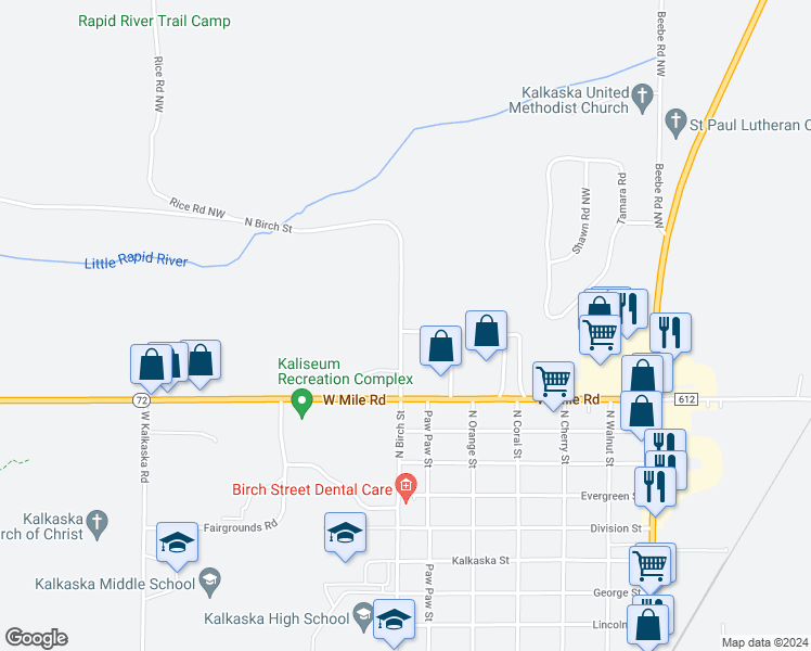 map of restaurants, bars, coffee shops, grocery stores, and more near 2180 North Birch Street in Kalkaska