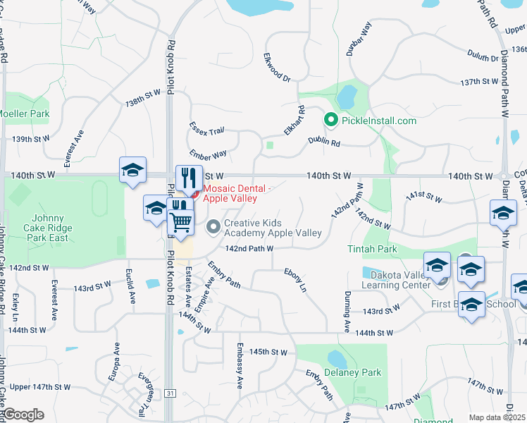 map of restaurants, bars, coffee shops, grocery stores, and more near 14106 Ensley Court in Apple Valley