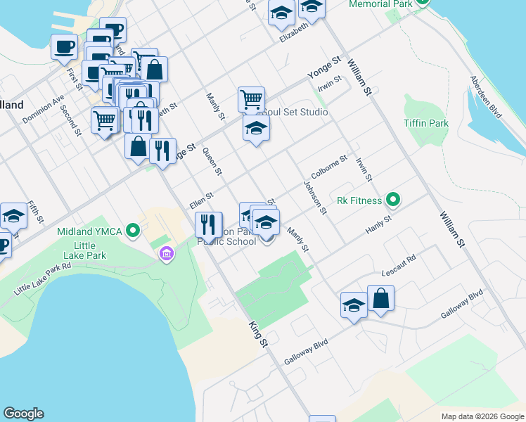 map of restaurants, bars, coffee shops, grocery stores, and more near 414 Colborne Street in Midland