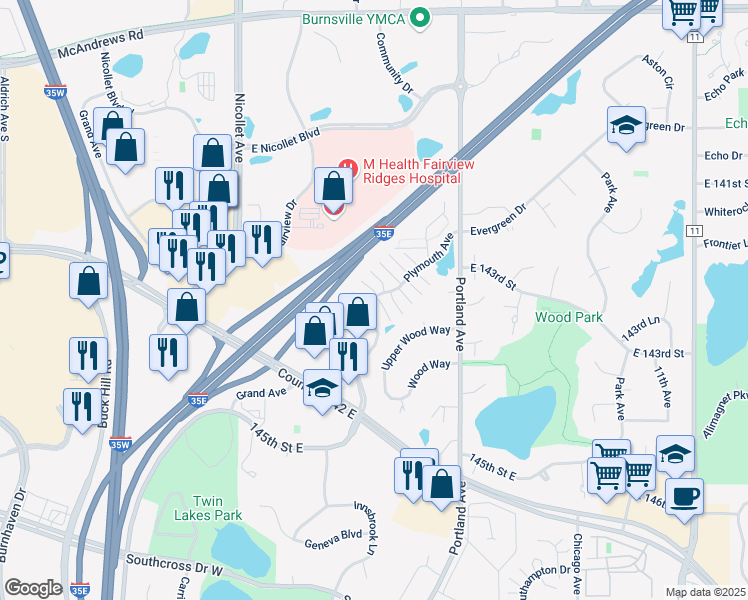 map of restaurants, bars, coffee shops, grocery stores, and more near 14173 Plymouth Avenue in Burnsville