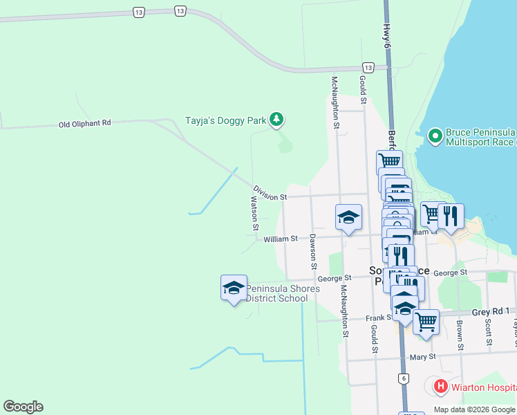 map of restaurants, bars, coffee shops, grocery stores, and more near 83 Division Street in Wiarton