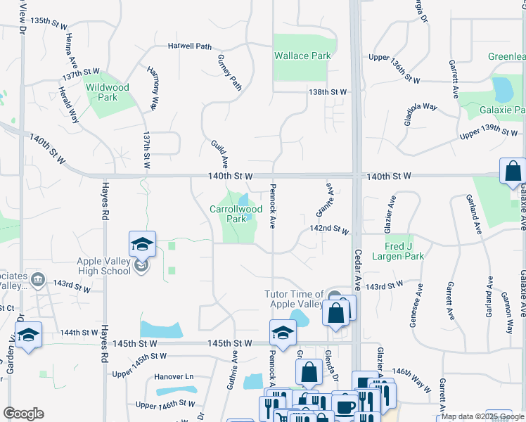 map of restaurants, bars, coffee shops, grocery stores, and more near 14115 Pennock Avenue in Apple Valley
