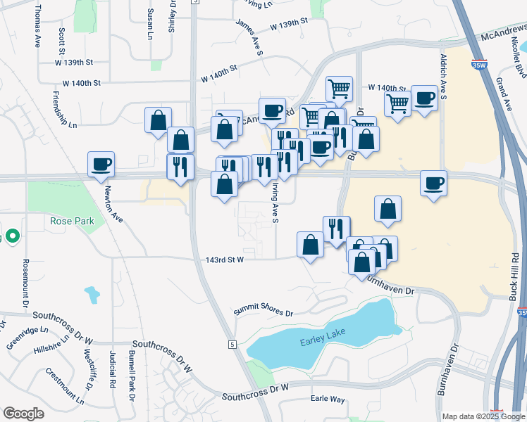 map of restaurants, bars, coffee shops, grocery stores, and more near 14262 Irving Avenue South in Burnsville