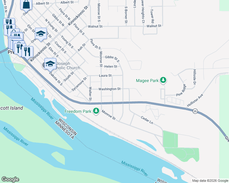 map of restaurants, bars, coffee shops, grocery stores, and more near 851 Washington Street in Prescott