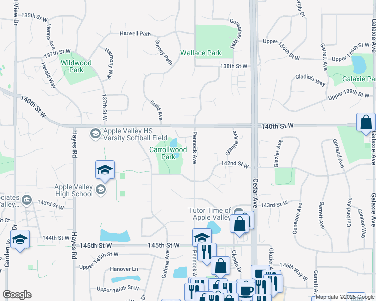 map of restaurants, bars, coffee shops, grocery stores, and more near 14115 Pennock Avenue in Apple Valley
