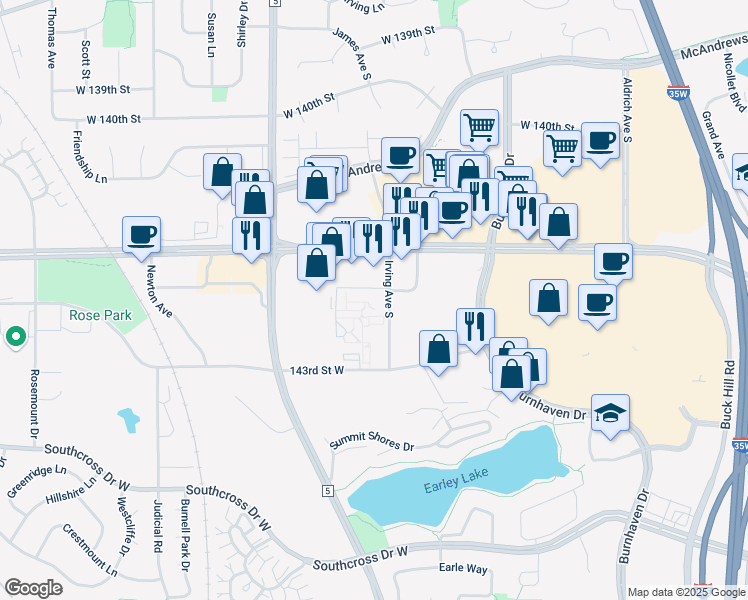 map of restaurants, bars, coffee shops, grocery stores, and more near 14262 Irving Avenue South in Burnsville