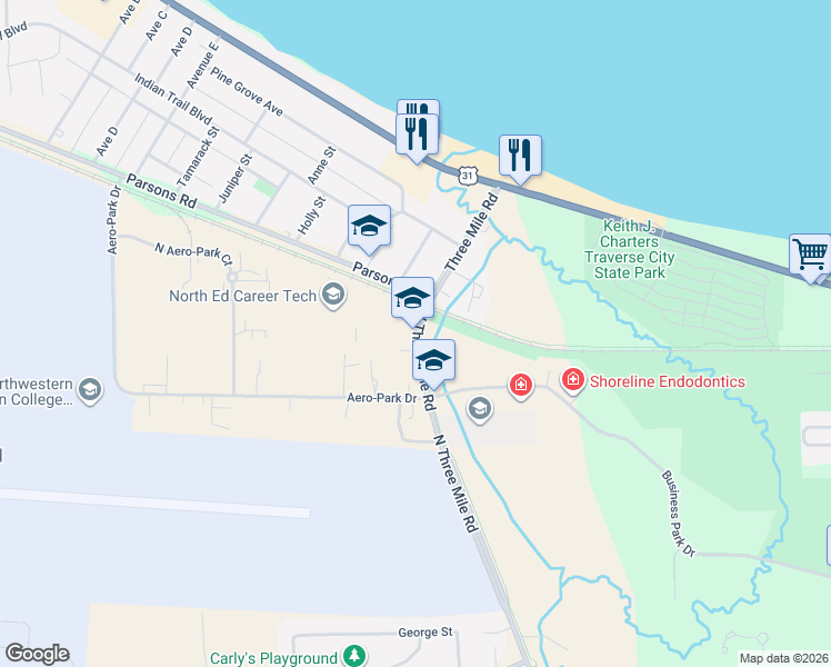 map of restaurants, bars, coffee shops, grocery stores, and more near 4149 Three Mile Road in Traverse City