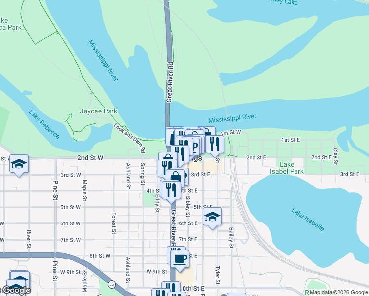 map of restaurants, bars, coffee shops, grocery stores, and more near 90 Vermillion Street in Hastings