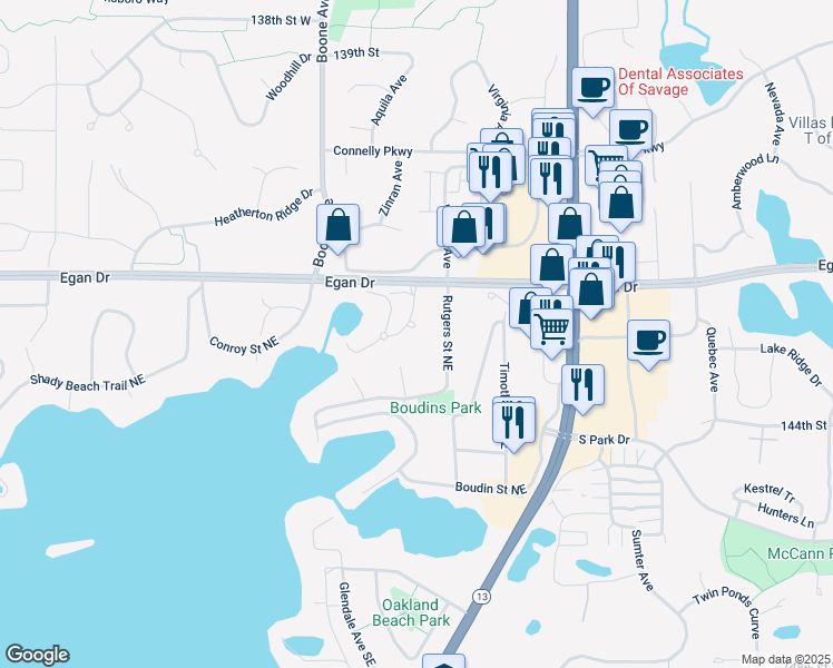 map of restaurants, bars, coffee shops, grocery stores, and more near 6535 Harbor Place Northeast in Prior Lake