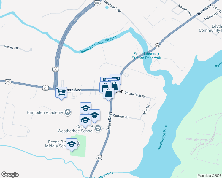 map of restaurants, bars, coffee shops, grocery stores, and more near in Hampden
