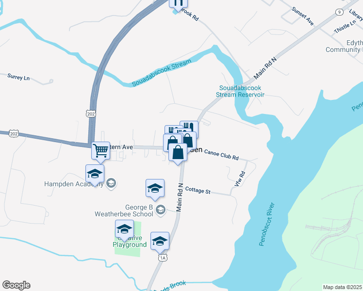 map of restaurants, bars, coffee shops, grocery stores, and more near in Hampden