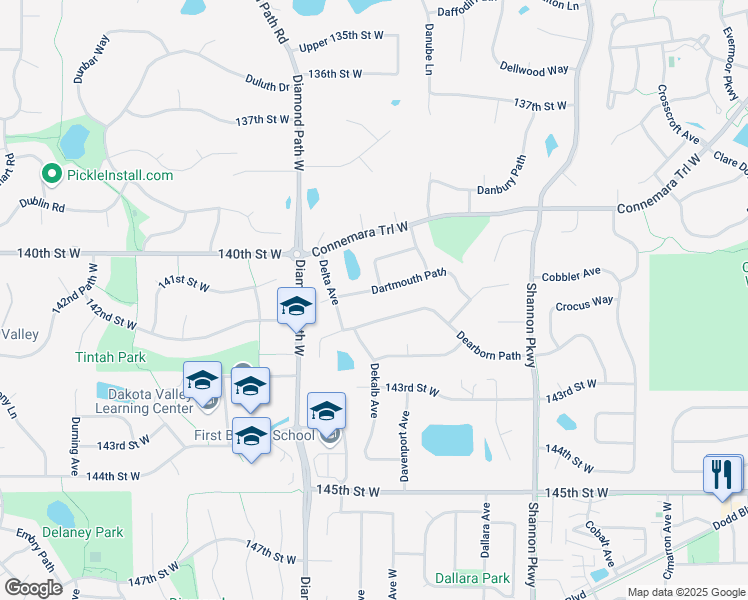 map of restaurants, bars, coffee shops, grocery stores, and more near 14064 Dartmouth Path in Rosemount