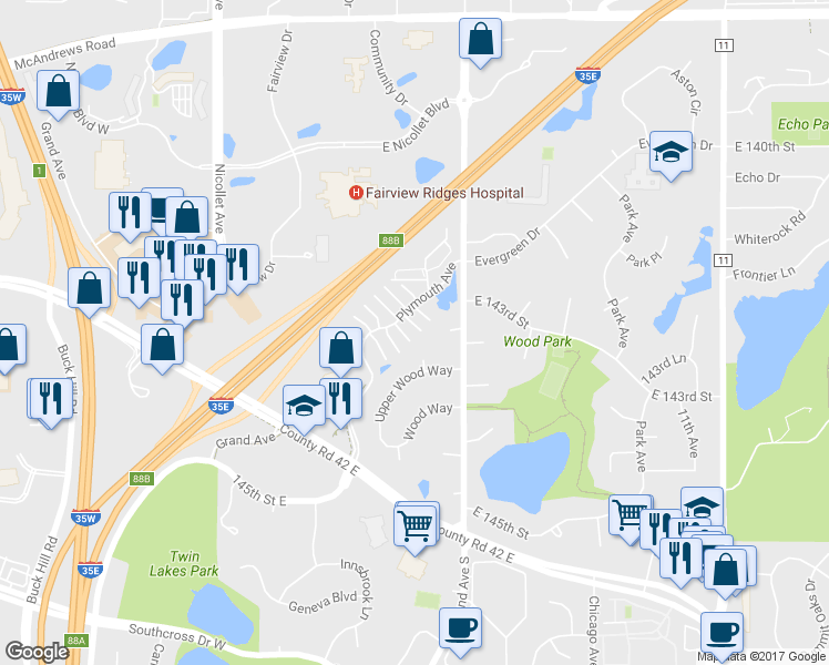 map of restaurants, bars, coffee shops, grocery stores, and more near 14101 Plymouth Avenue in Burnsville