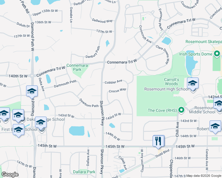 map of restaurants, bars, coffee shops, grocery stores, and more near 14133 Crocus Way in Rosemount