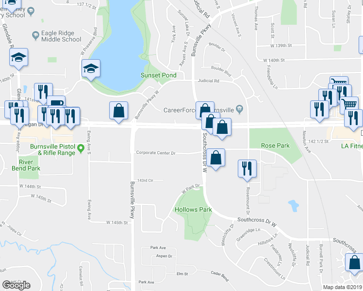 map of restaurants, bars, coffee shops, grocery stores, and more near 3200 Corporate Center Drive in Burnsville