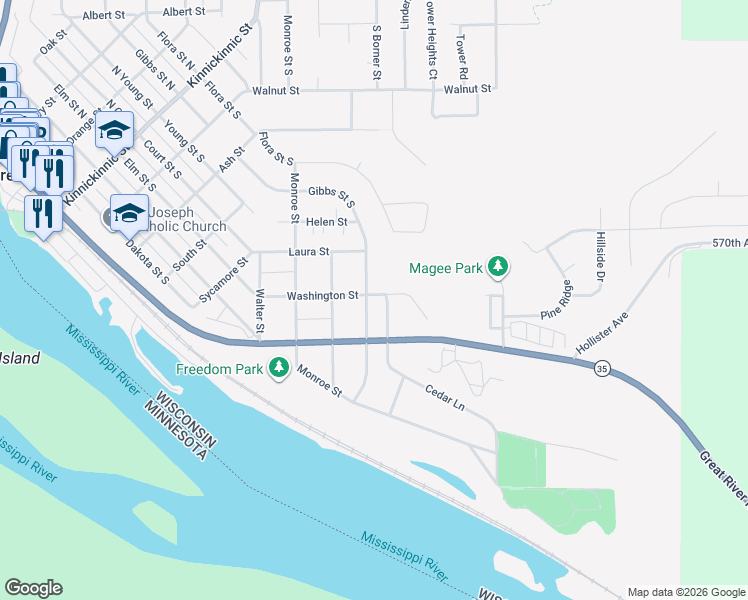 map of restaurants, bars, coffee shops, grocery stores, and more near 953 Washington Street in Prescott