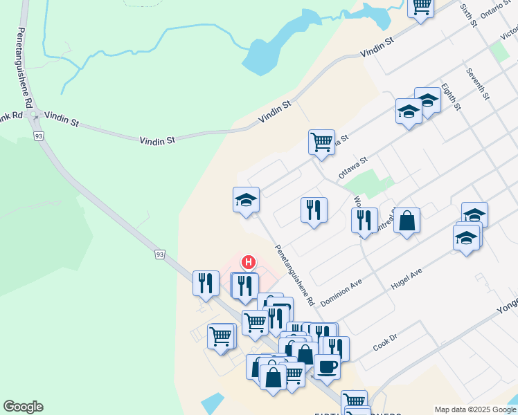 map of restaurants, bars, coffee shops, grocery stores, and more near 97 Penetanguishene Road in Midland