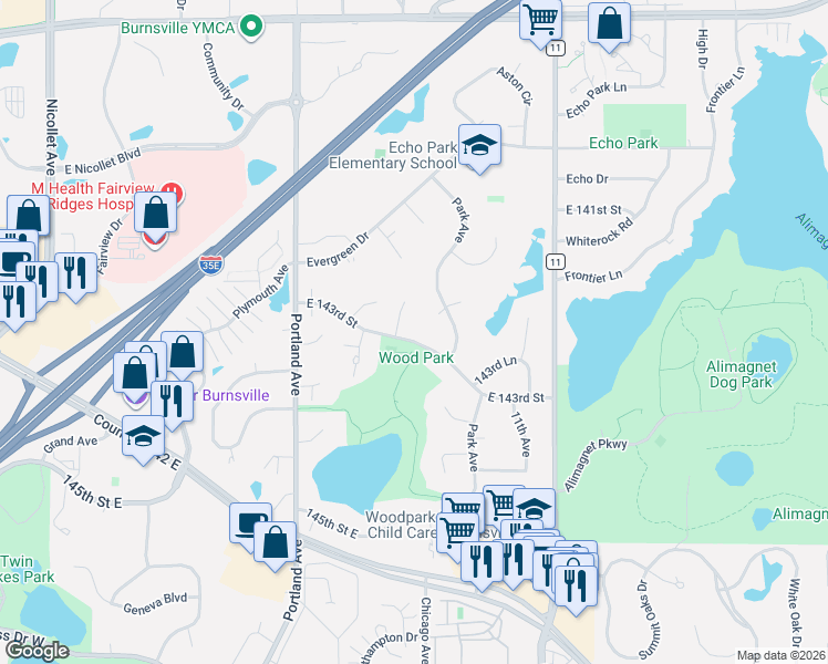 map of restaurants, bars, coffee shops, grocery stores, and more near 706 East 143rd Street in Burnsville