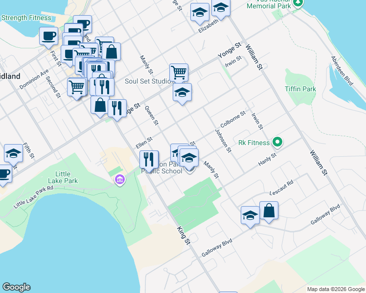 map of restaurants, bars, coffee shops, grocery stores, and more near 414 Colborne Street in Midland