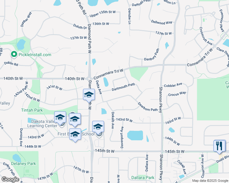 map of restaurants, bars, coffee shops, grocery stores, and more near 14064 Dartmouth Path in Rosemount