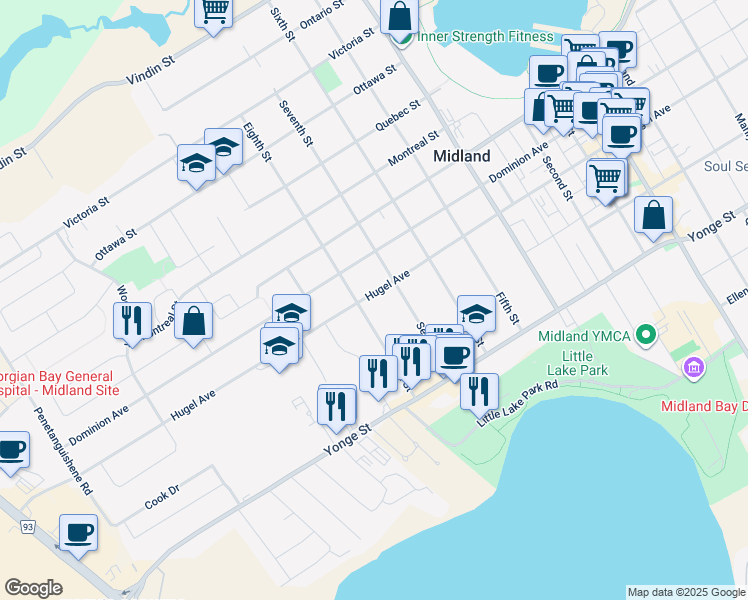 map of restaurants, bars, coffee shops, grocery stores, and more near 761 Hugel Avenue in Midland