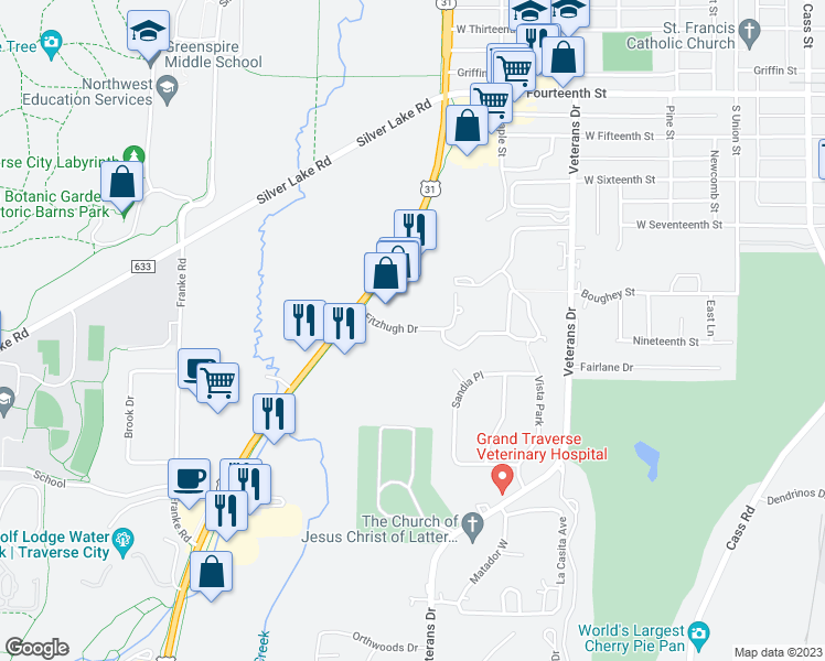 map of restaurants, bars, coffee shops, grocery stores, and more near 600 Fitzhugh Drive in Traverse City