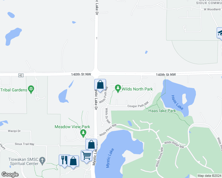 map of restaurants, bars, coffee shops, grocery stores, and more near 14137 Wilds Path Northwest in Prior Lake