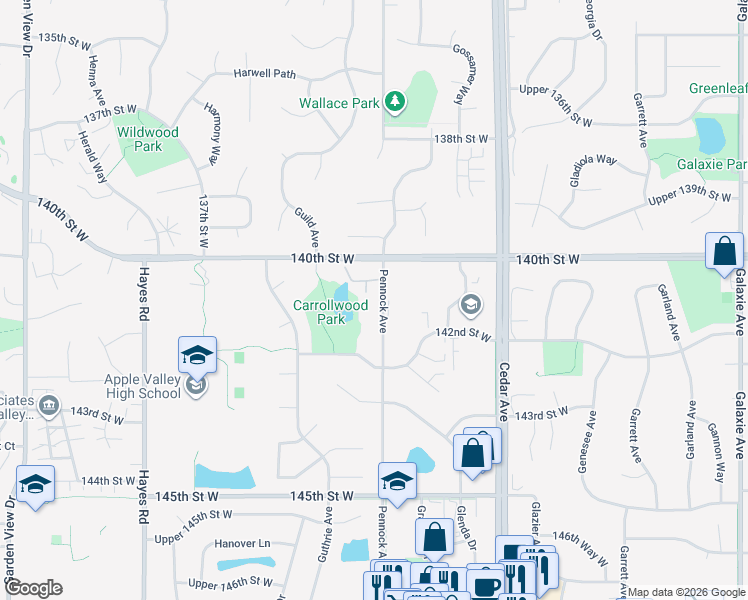 map of restaurants, bars, coffee shops, grocery stores, and more near 14115 Pennock Avenue in Saint Paul
