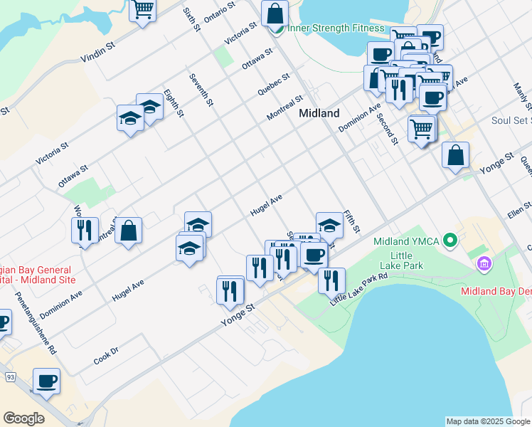 map of restaurants, bars, coffee shops, grocery stores, and more near 761 Hugel Avenue in Midland